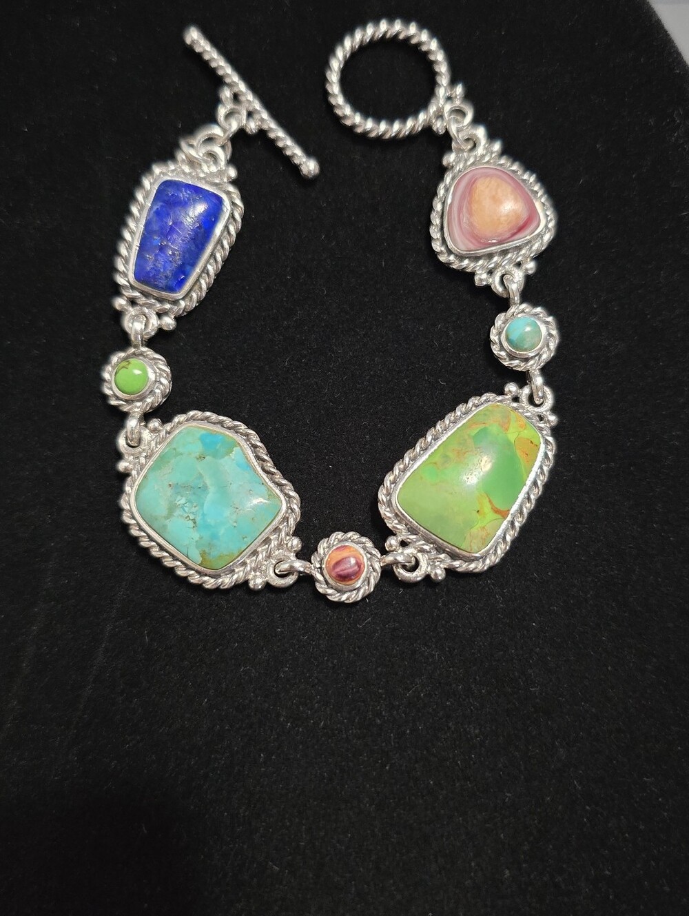 Sterling Silver Turquoise Lapis Orange and Purple Spiny Oyster Panel Bracelet 7"